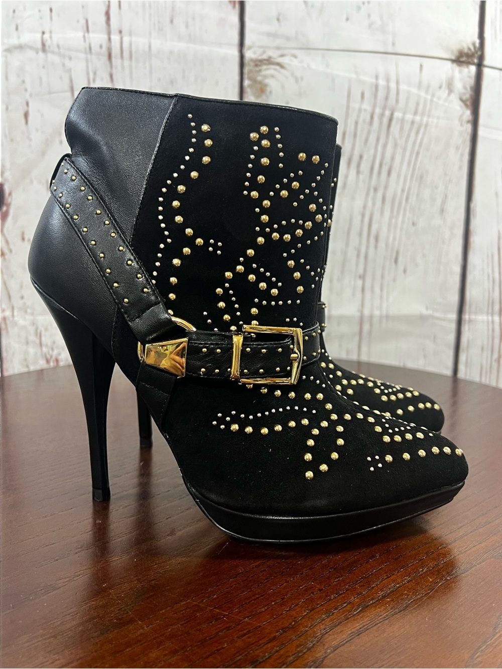 bebe Black Ankle Boots with Gold Studs & Buckle